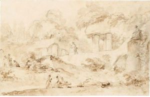 Figures In A Park With A Cascade And Antique Statues by Jean-Honore Fragonard