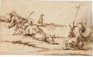 Three Pilgrims And A Dog Resting In A Landscape