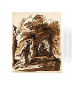 St. Francis Kneeling In A Landscape Contemplating A Crucifix
