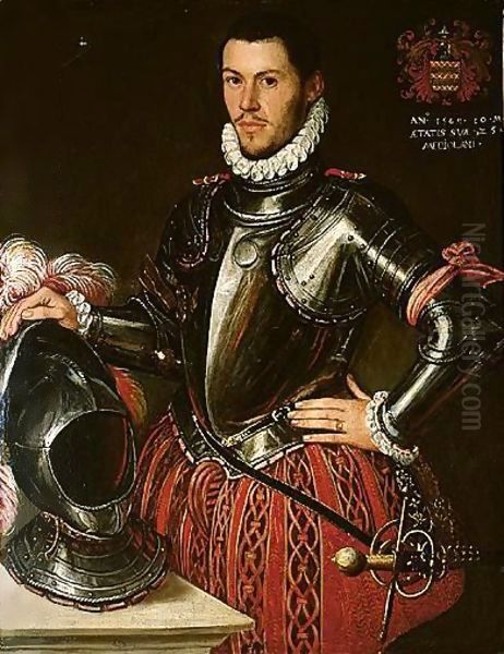 Portrait Of A Gentleman, Three-Quarter Length, Wearing Armour, Resting His Right Hand On A Helmet - view 1