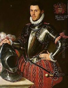 Portrait Of A Gentleman, Three-Quarter Length, Wearing Armour, Resting His Right Hand On A Helmet by Lombard School