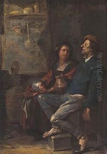 Interior With A Man Resting His Foot On A Foot Warmer, Together With His Wife And Child by Cornelis Saftleven