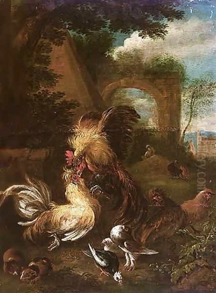 Landscape With Bantam Cockerels Fighting, Together With Guinea Pigs And Doves - view 1