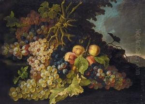 Still Life Of Grapes And Peaches In A Landscape by Pietro Navarra