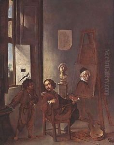 Portrait Of The Artist, In His Studio, Seated At An Easel by Johannes Lingelbach