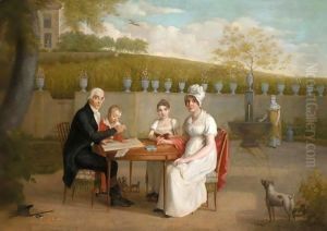 A Portrait Of The Arlaud Family, Seated At A Table In An Enclosed Garden, A Vineyard Beyond by Marc-Louis Arlaud