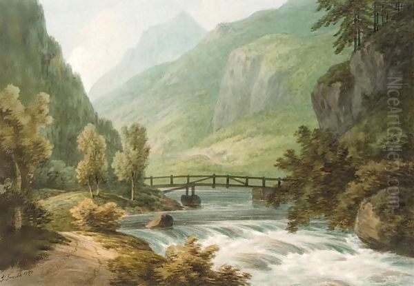 A Footbridge Over A River In The Swiss Mountains - view 1