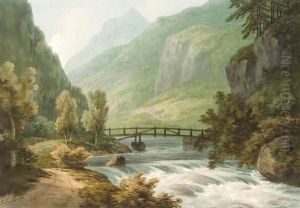 A Footbridge Over A River In The Swiss Mountains by John Warwick Smith