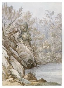 View Of A Pool In A Wooded Landscape, North Wales by John Webber