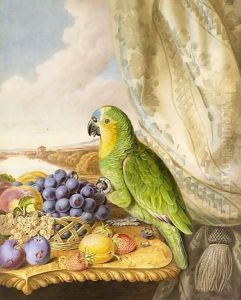 A Parrot Eating From A Bowl Of Grapes, Plums, Peaches And Strawberries, A River Landscape Beyond by Augusta Innes Withers