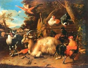 Bouc Et Volatiles Dans Un Paysage by Melchior de Hondecoeter