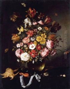 Still Life Of Flowers In A Glass Vase With Butterflies, Seashells And A Pocket Watch