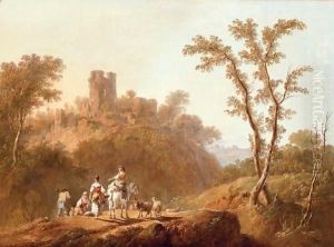 A Wooded, Hilly Landscape With Peasants, A Goat And Sheep On A Track Near A Ruined Castle by Jean-Baptiste Pillement