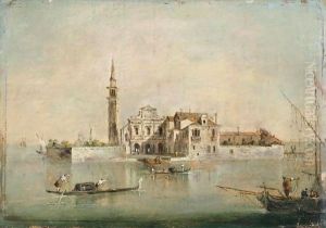 Capriccio With A Church And Tower, A Fishing Boat And Gondolas In The Foreground by Francesco Guardi