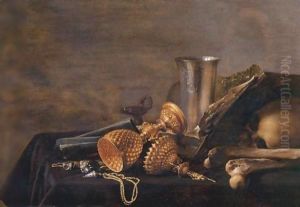 Still Life Of A Dutch Silver Beaker, A Roemer, Shells, An Overturned Gilt Cup With Its Cover Nearby, A Gilt Chain, An Open Book And A Skull All Resting On A Draped Table