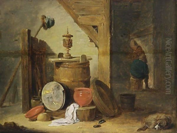 An Interior Of An Inn With A Dog And Kitchen Utensils In The Foreground, Two Figures Near A Fireplace Beyond - view 1