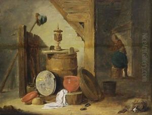 An Interior Of An Inn With A Dog And Kitchen Utensils In The Foreground, Two Figures Near A Fireplace Beyond by David The Younger Teniers