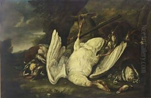 A Hunting Still Life With A Goose, Ducks, Pigeons, Songbirds And A Dog In A Landscape