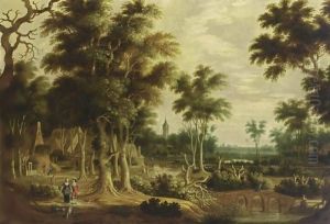 A Wooded River Landscape With An Elegant Couple On A Path, And Fishermen Near A Bridge, A Village Nearby by Rafel Govertsz Camphuysen