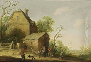 A Wooded Landscape With Figures And Dogs Sitting Outside A Tavern
