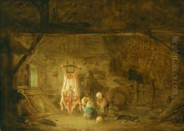 A Barn Interior With Three Children Playing With A Pig's Bladder - view 1