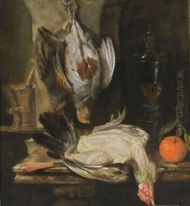 A Still Life With A Partridge, A Turkey, A Bitter Orange, A Glass Goblet Together With A Mortar And A Knife With An Agaath Handle, All On A Marble Ledge by Abraham Hendrickz Van Beyeren