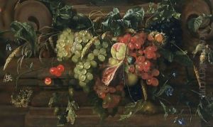 A Still Life With White And Blue Grapes, Peaches, Cherries, A Fig, An Ear Of Wheat, Oak Leaf And Acorns, A Sweet Chestnut, Filbert Nuts, Hawk-Weed, A Medlar, A Garden Tiger Moth, Together With Borage, And Other Flowers