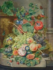 A Still Life With Grapes, Peaches, Prunes, A Melon, A Pomegranate, Raspberries, Together With Morning Glory, An Opium Poppy, Hollyhocks And A Rose, All On A Marble Ledge Together With A Butterfly, A Fly And Ants by Wybrand Hendriks