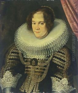 A Portrait Of A Lady, Aged 26, Half-Length, Wearing A Black Dress With Elaborate Gold Embroidery, Gold Chains, Lace Cuffs And Collar, Pearl Jewellery And Bonnet
