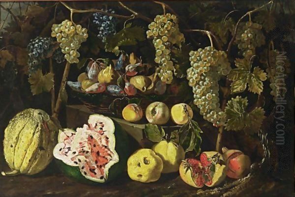 A Still Life With A Watermelon, A Melon, Pomegranates, Peaches, And Grapes Together With Figs And Plums In A Basket On A Stone Ledge by Giovanni Battista Ruoppolo