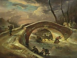 A Winter Landscape With A Horse Drawn Cart Going Over A Bridge, Peasants Transporting Pigs Over The River, And Children Sledging