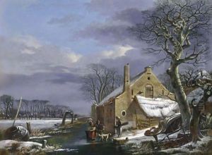 A Winter Landscape With Figures And A Dog On A Frozen Ditch Near A Farmhouse, A Village In The Background by Arnoldus Van Well Dordrecht