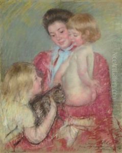 Reine Lefebvre With Blond Baby And Sara Holding A Cat (Maternite) by Mary Cassatt