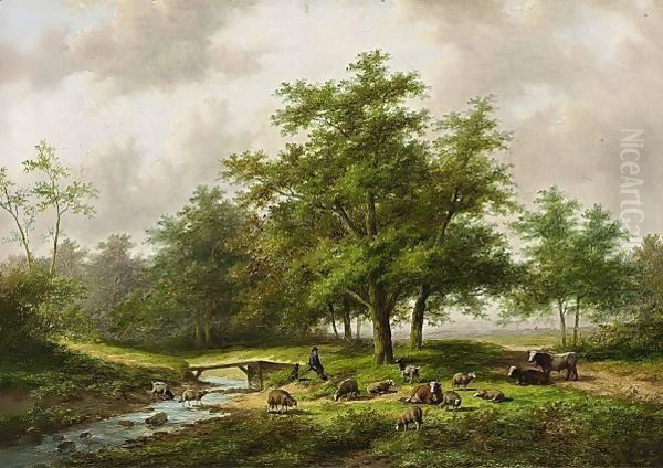 A Shepherd With His Flock In A Wooded Landscape - view 1