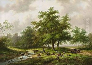 A Shepherd With His Flock In A Wooded Landscape