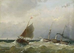A Steamship At Sea by Andreas Schelfhout