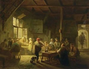 A Busy Tavern Scene by Adrien Ferdinand de Braekeleer