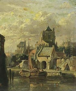 A Town View With A Moored Boat