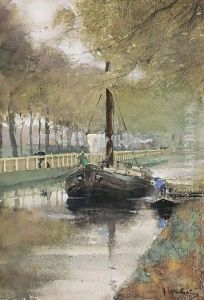 A Moored Boat In A Canal by Floris Arntzenius