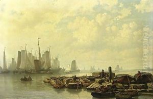 Fishing Boats At Anchor On The Ij Near Amsterdam by Johan Conrad Greive