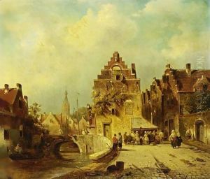 Villagers In The Streets Of A Dutch Town by Charles Henri Leickert