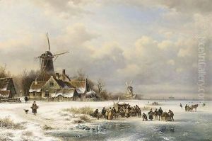 Skaters On A Frozen River Near A A'Koek En Zopie A' by Lodewijk Johannes Kleijn
