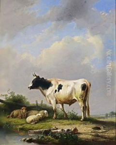 A Bull And Sheep In A Meadow by Eugene Verboeckhoven
