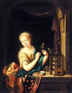 A Young Girl At A Window, Holding A Parrot by Willem Van Mieris Leiden