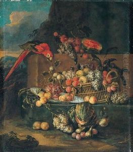 Still Life Of Fruits In A Basket And A Blue And White Dish With A Parrot In A Landscape by Jan Pauwel II the Younger Gillemans