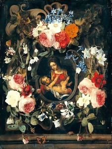 A Still Life Of A Garland Of Flowers With The Virgin And Child Set Within A Stone Cartouche