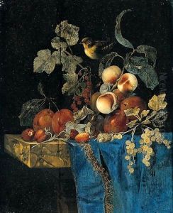 Still Life Of Apricots, Plums, Red And White Currants And Strawberries Arranged On A Marble Ledge Draped With A Blue Cloth And A Bird by Willem Van Aelst