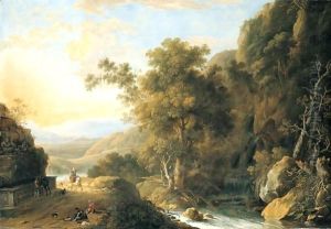 Southern Landscape With Travellers And Animals Beside A Fountain Near A Waterfall by Caspar Andriaans Van Wittel