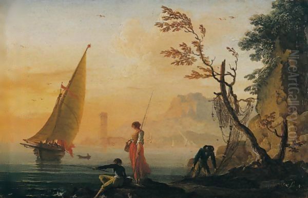 A Coastal Landscape At Sunset With Fisherfolk In The Foreground by Charles Francois Lacroix de Marseille
