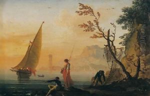 A Coastal Landscape At Sunset With Fisherfolk In The Foreground by Charles Francois Lacroix de Marseille